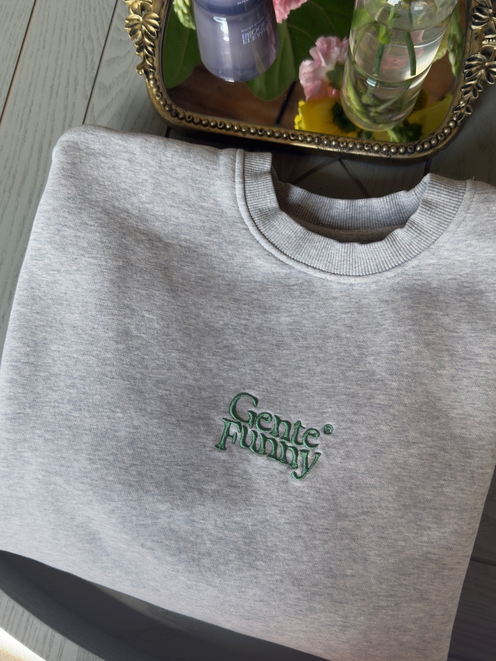 Gentle Fummy Embroidered Grey Crewneck Sweatshirt